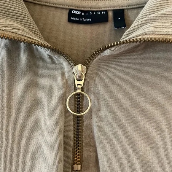 ASOS | Tan Quarter Zip Relaxed Fit Short Sleeve Cotton Polo Shirt, Men's Large - Picture 2 of 5